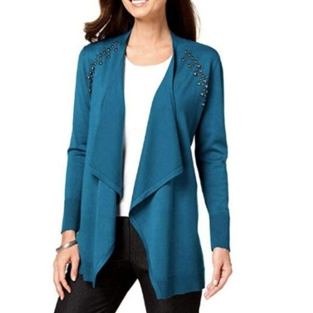 JM Collection Studded Draped ShawlCollar Open Front Teal Long Cardigan Sweater